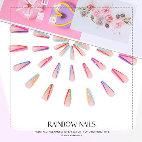 Vibrant Rainbow Coffin Acrylic Nails 24pc Set for Stylish Manicure - Image 2