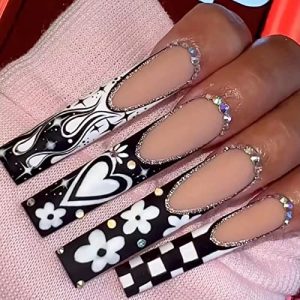 24pc Checkered Black White Acrylic Nail Tips for Chic Nail Art Designs
