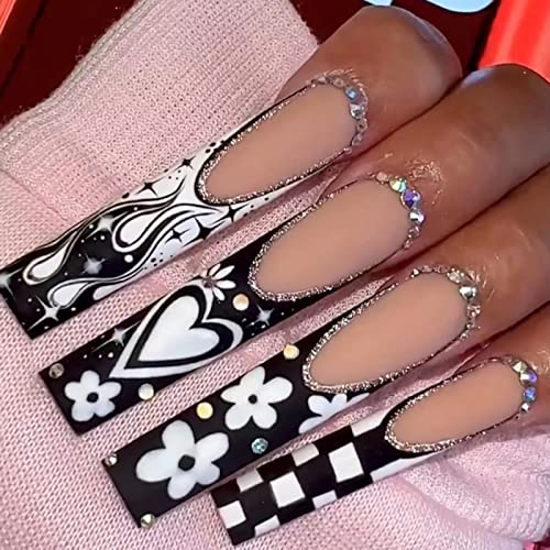 24pc Checkered Black White Acrylic Nail Tips for Chic Nail Art Designs