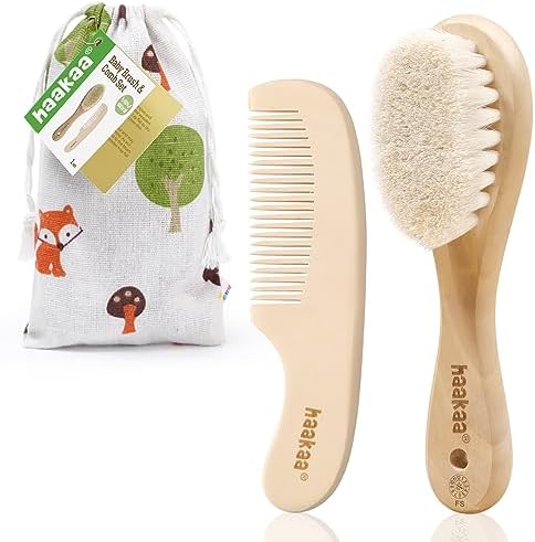 Natural baby hair brush for gentle grooming.