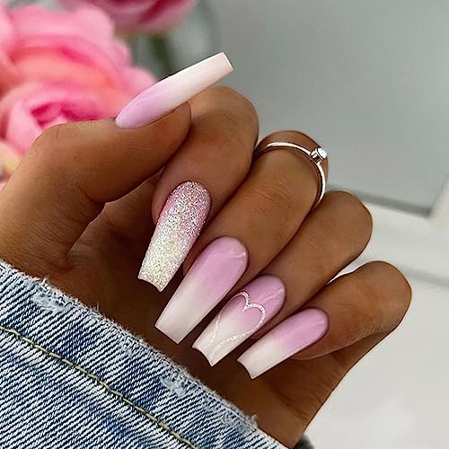 24-Piece Ombre Glitter Coffin Acrylic Nails Set Durable Stylish Design