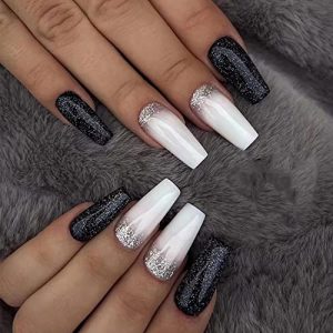 Black and White Coffin Shape Acrylic Nails Set for Stylish Nail Art Design