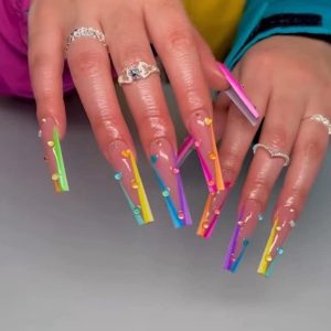 Vibrant Rainbow Coffin Acrylic Nails 24pc Set for Stylish Manicure
