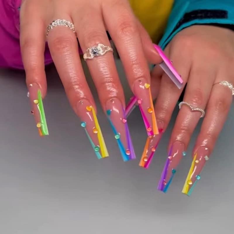 Vibrant Rainbow Coffin Acrylic Nails 24pc Set for Stylish Manicure