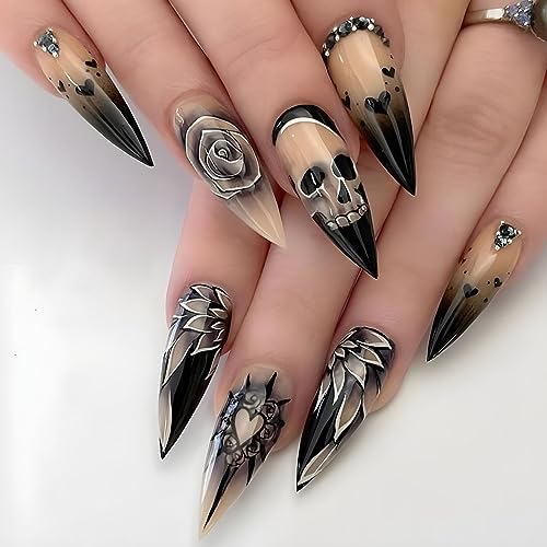 Long Black Halloween Acrylic Nails with Spooky Design for Festive Nail Art