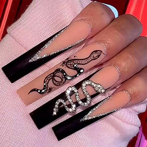 24-Piece Black Bling Acrylic Press-On Nails Set for Instant Glam