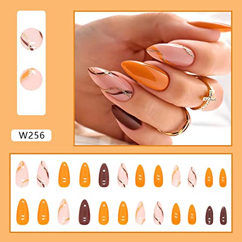 Trendy Orange Brown Acrylic Nails Set Medium Size Stylish Manicure - Image 7