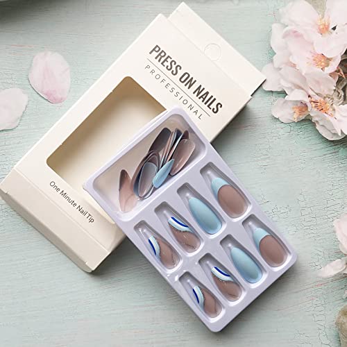 Stylish Blue Acrylic Nails with Unique Design 10 Piece Set - Image 3