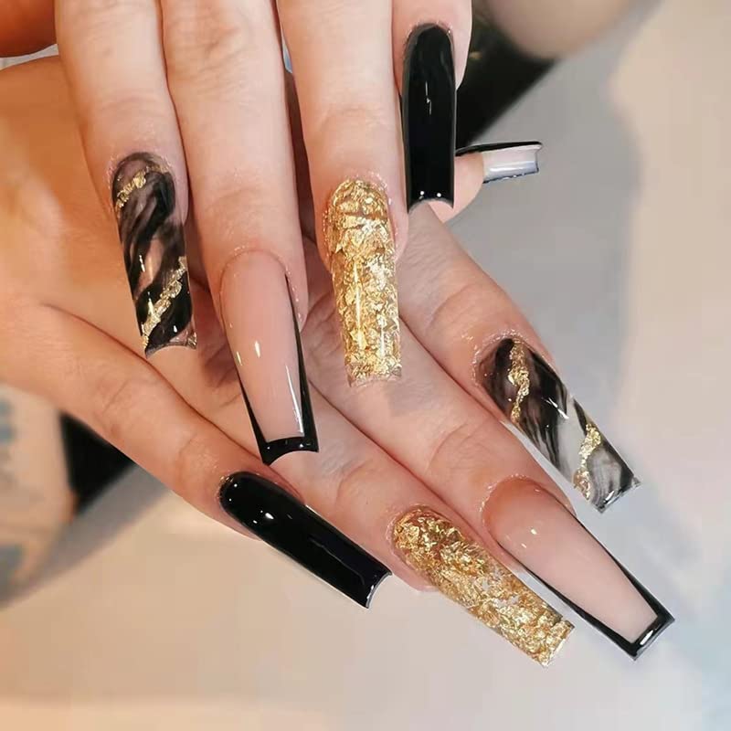 Black and Gold Coffin Acrylic Nails Set for Stylish and Elegant Manicures