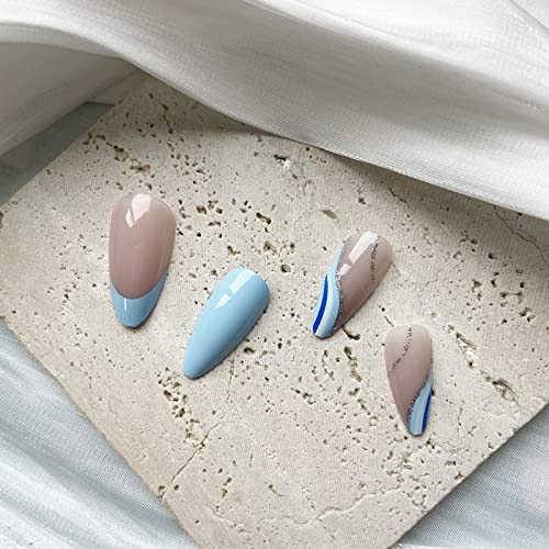 Stylish Blue Acrylic Nails with Unique Design 10 Piece Set - Image 5