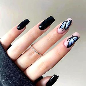 24 Count Blue Butterfly Stick On Nails, Medium Size, Easy Application for Any Occasion