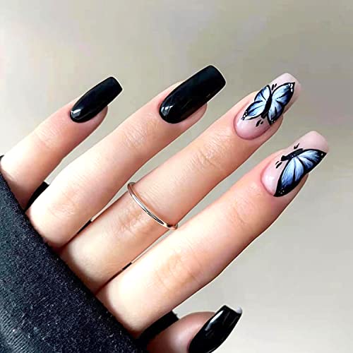 24 Count Blue Butterfly Stick On Nails, Medium Size, Easy Application for Any Occasion