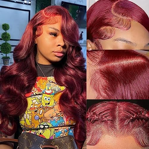 Burgundy 99J Human Hair Lace Front Wig 22 Inch 150% Density