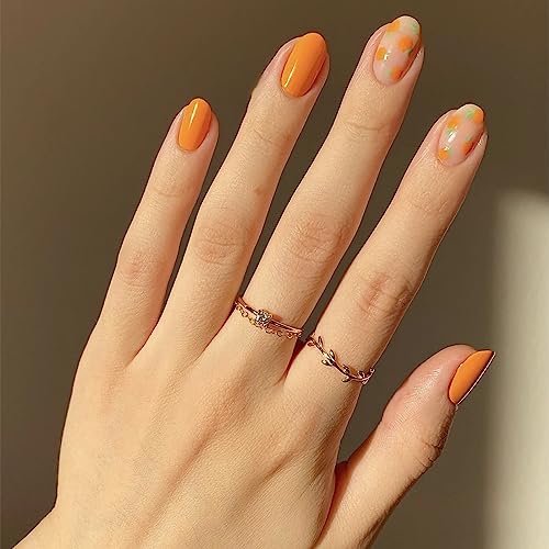 Acrylic nails in orange and green colors. - Image 5