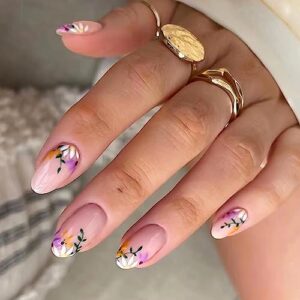 24pc Elegant Acrylic Nails with Beautiful Flower Design for Nail Art