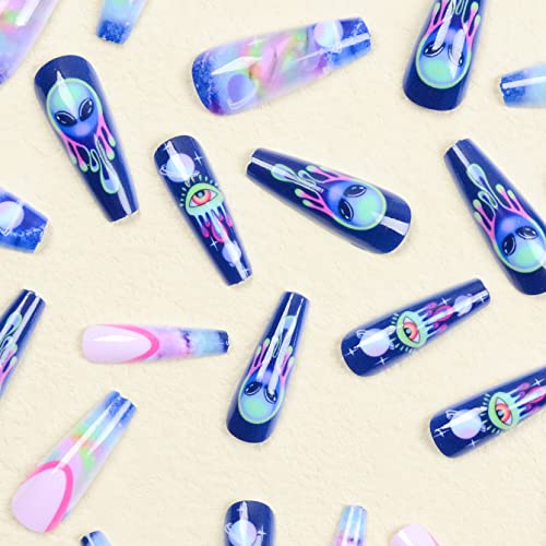 24 Piece Alien-Inspired Acrylic Nails Set for Unique and Stylish Nail Art - Image 5