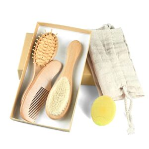 Soft Bristle Baby Wooden Hair Brush and Comb Set for Gentle Grooming