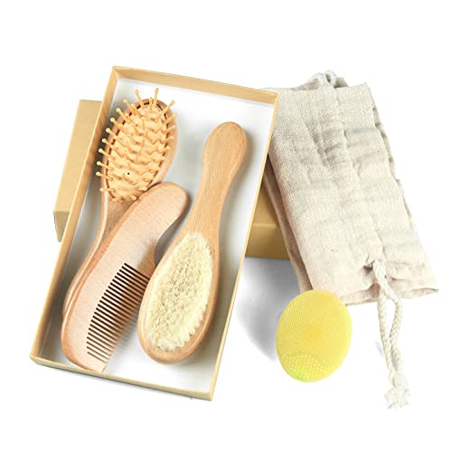 Soft Bristle Baby Wooden Hair Brush and Comb Set for Gentle Grooming