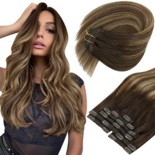 Brown Balayage Human Hair Extensions Clip-In 18 Inch 7 Pieces 120g