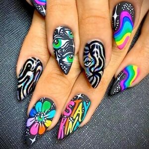 Bisexual Pride Themed Acrylic Nail Set Vibrant Artistic Designs Medium Size