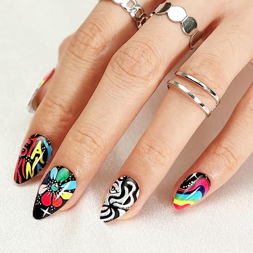 Bisexual Pride Themed Acrylic Nail Set Vibrant Artistic Designs Medium Size - Image 3