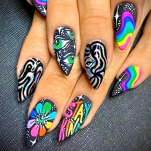 Bisexual Pride Themed Acrylic Nail Set Vibrant Artistic Designs Medium Size