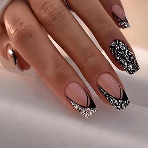 Black Acrylic Coffin Nails for Elegant Nail Art - 24 Pieces, Long Length