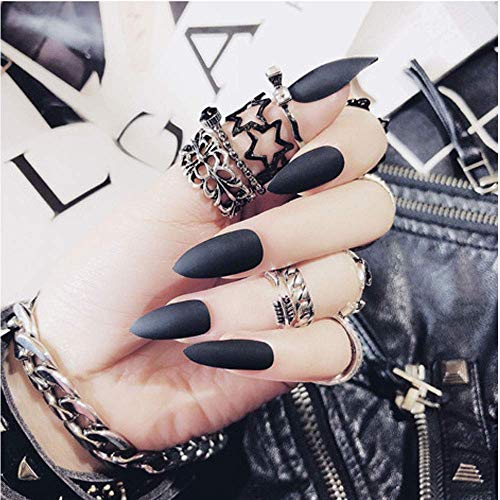 Glossy Black Acrylic Nails for Dark Skin, Long Length, 24 Piece Set