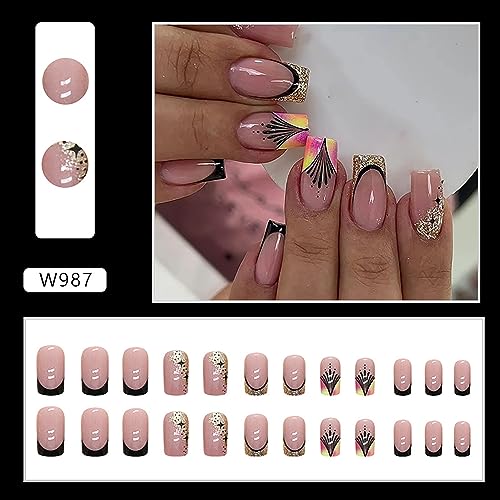 Black acrylic nails with intricate designs. - Image 4