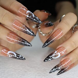 Black acrylic nails with sharp design.