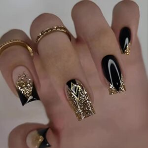 24 Piece Black and Gold Acrylic Nail Set Medium Length