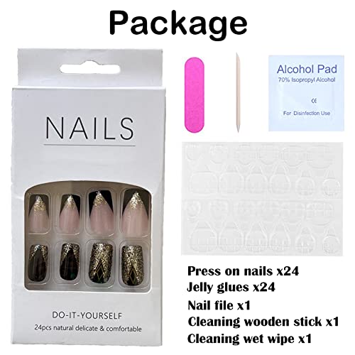 24 Piece Black and Gold Acrylic Nail Set Medium Length - Image 7