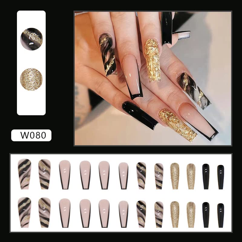 Black and Gold Coffin Acrylic Nails Set for Stylish and Elegant Manicures - Image 2