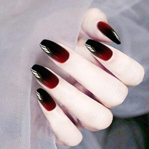 Black and Red Acrylic Coffin Nails Set for Stylish Nail Art, 24 Pieces