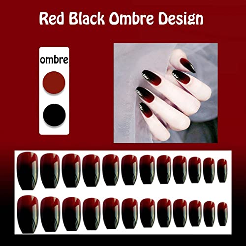 Black and Red Acrylic Coffin Nails Set for Stylish Nail Art, 24 Pieces - Image 2
