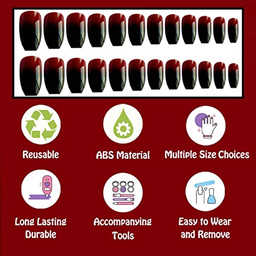 Black and Red Acrylic Coffin Nails Set for Stylish Nail Art, 24 Pieces - Image 3