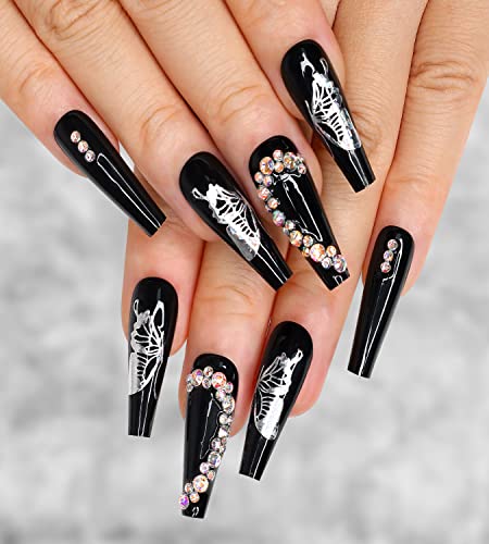 Stylish Black Butterfly Acrylic Nails Set 24 Pieces Durable Manicure