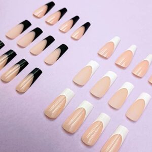 24 Piece Set Black French Tip Acrylic Nails - Elegant, Durable, Easy to Apply Design