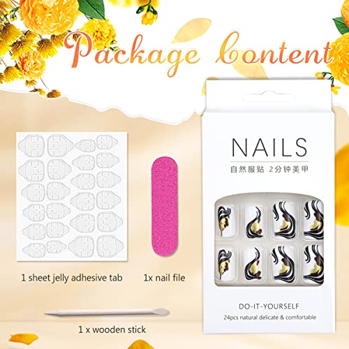 Black Gold White Acrylic Nails Stylish Elegant Nail Art 24 pcs - Image 7