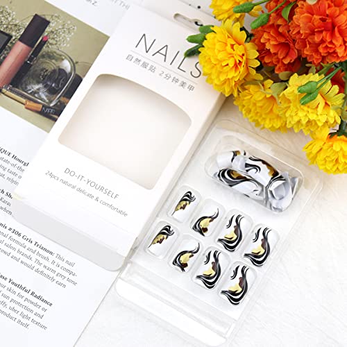 Black Gold White Acrylic Nails Stylish Elegant Nail Art 24 pcs - Image 5