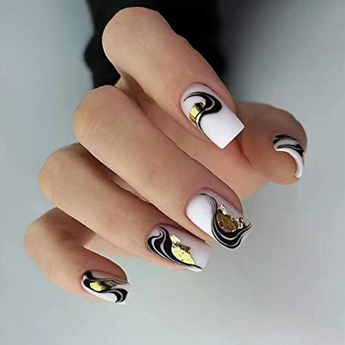 Black Gold White Acrylic Nails Stylish Elegant Nail Art 24 pcs