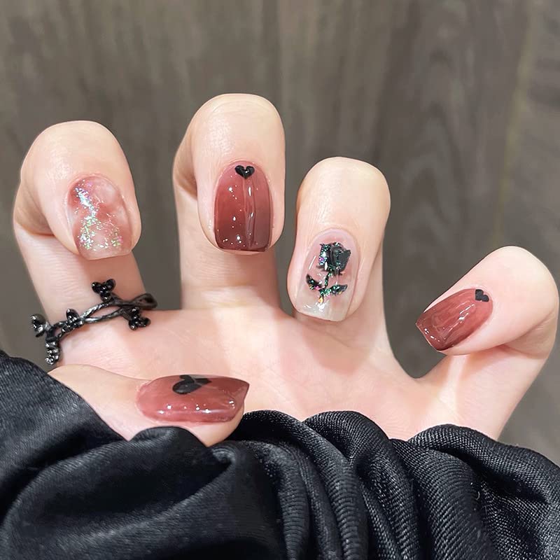 24-Piece Luxury Black Rose Acrylic Nail Set Medium Square