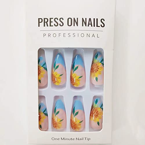 24 Piece Long Black Sunflower Acrylic Nails Set Easy Apply - Image 2