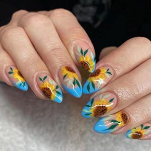 24 Piece Long Black Sunflower Acrylic Nails Set Easy Apply