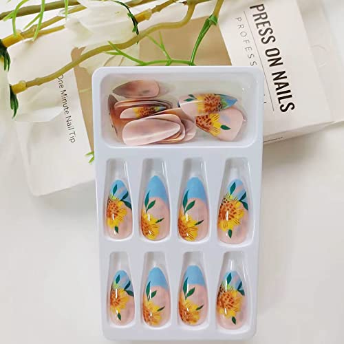 24 Piece Long Black Sunflower Acrylic Nails Set Easy Apply - Image 4