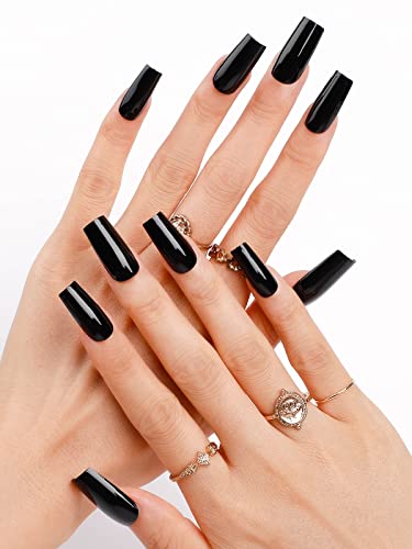 Black Tip Square Acrylic Nails 24 Piece Set - Durable Fashionable Nail Art