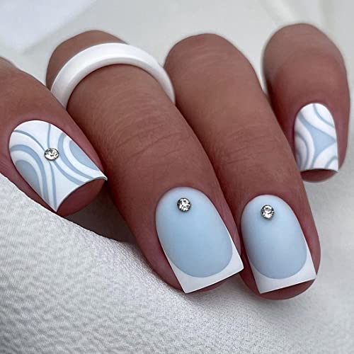 Chic Blue Acrylic Aesthetic Nails Set for Manicures - 24 Pieces, Medium Length