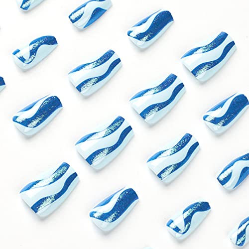 Short Blue Coffin Acrylic Nails - Stylish, Durable Nail Art for Everyday Wear - Image 4