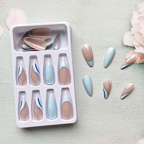 Stylish Blue Acrylic Nails with Unique Design 10 Piece Set - Image 4