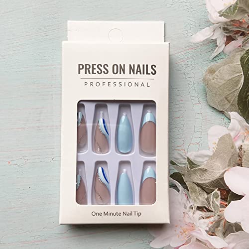 Stylish Blue Acrylic Nails with Unique Design 10 Piece Set - Image 6